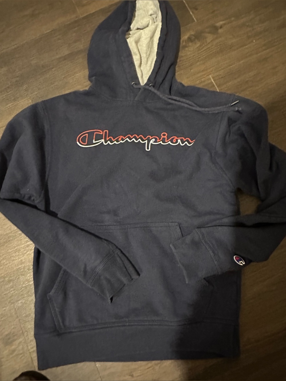Champion Men’s Navy Crewneck Hoodie with Red Script Logo